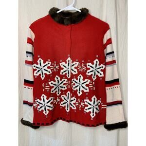 2001 Susan Bristol Snowflake Wool Christmas Faux Fur Winter Nordic Cardigan S